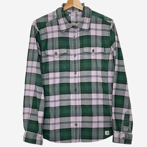 Carhartt Hamilton Stretch Flannel Button Front Shirt Green / Pink L (12-14)